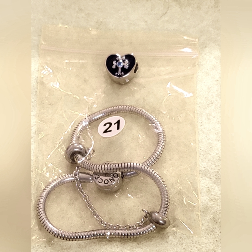 Gnoce Charm Bracelet Stainless Steel w/Blue Stainless Steel Heart Charm